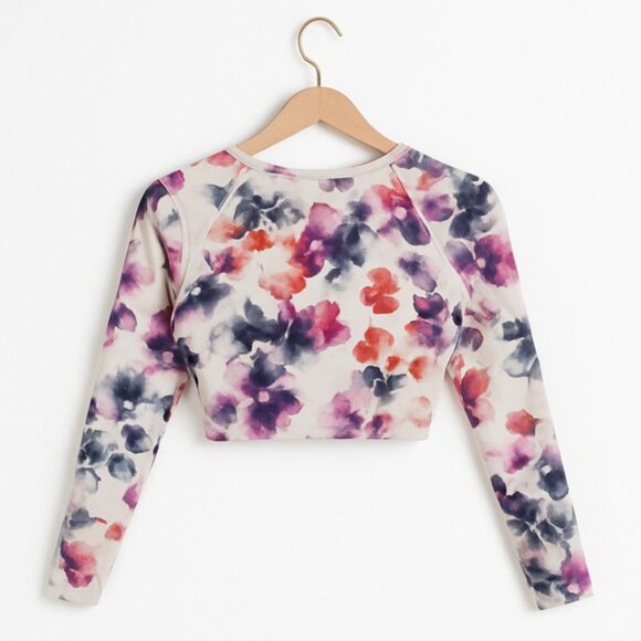 ATHLETA Floral Front-Knot Cropped Long-Sleeve Rash Guard Top - Size Medium - Picture 2 of 5